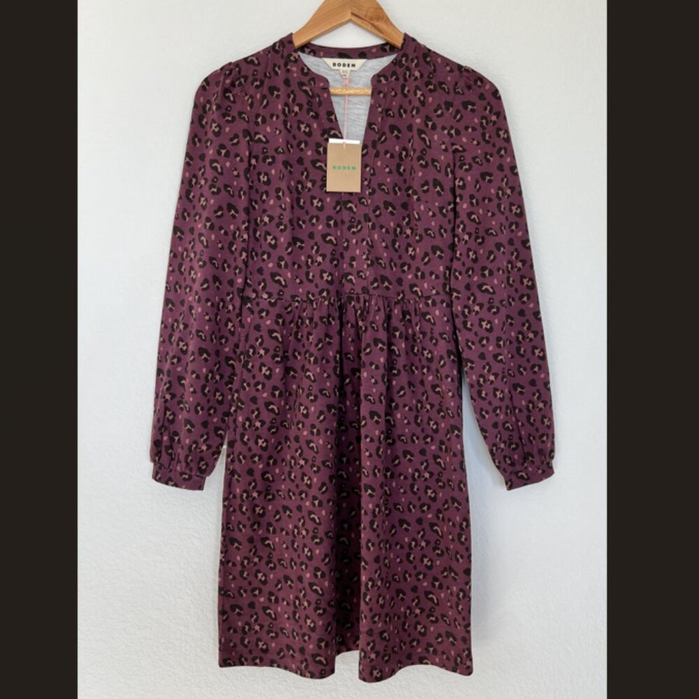 Boden Naomi Relaxed Jersey Dress, Prune, Leopard Spots